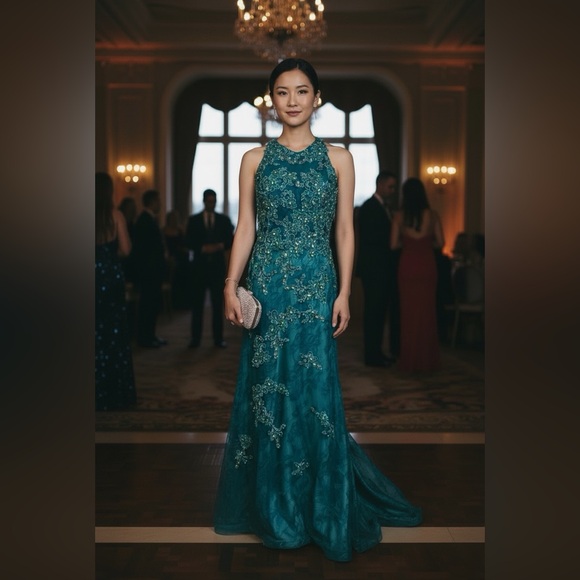 Mac Duggal sleeveless beaded & floral embroidery formal gown in teal.